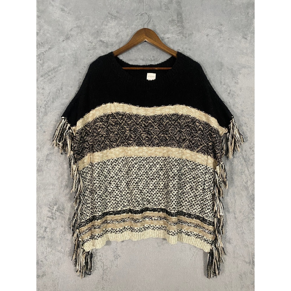 Chico's Poncho Sz S/M Black Tan Striped Fringe Textured Oversized Knit‎ Sweater